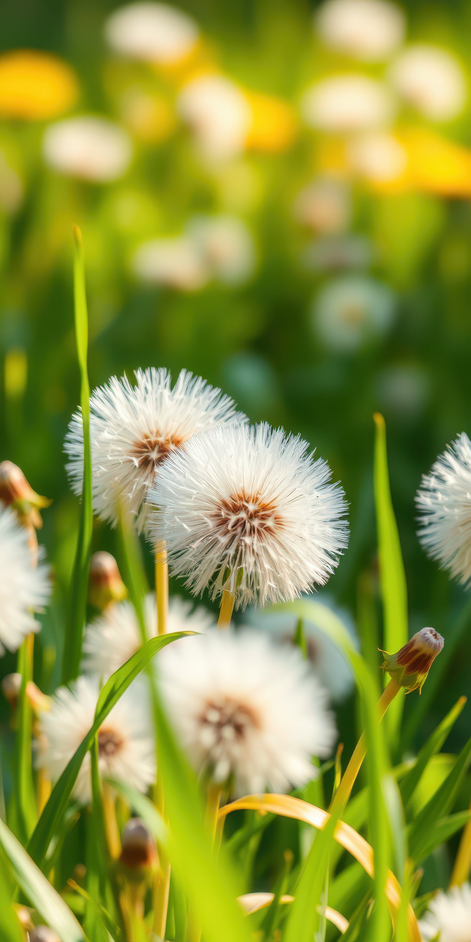 Dandelions with fluffy seeds in a sunlit green meadow during springtime